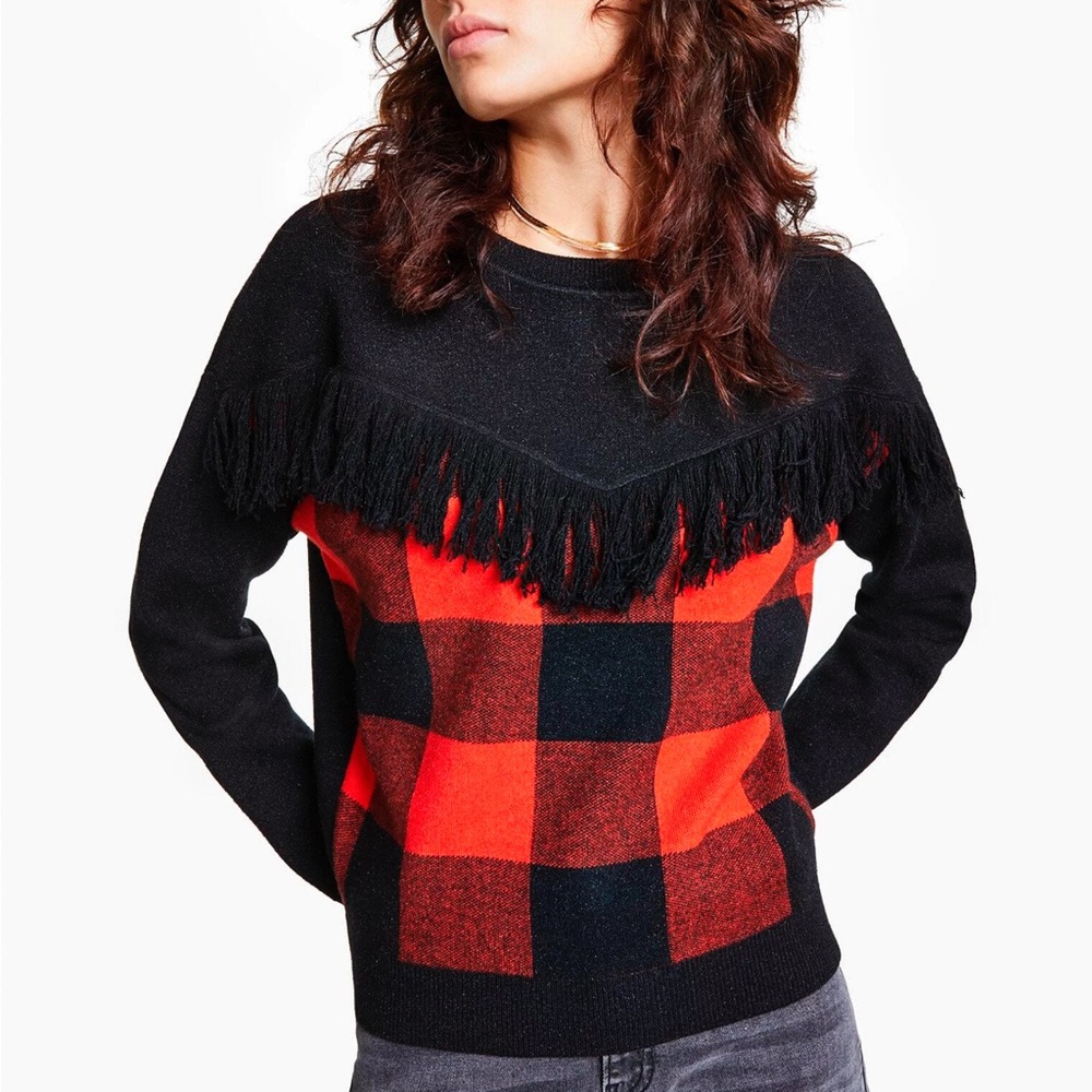 Bar III | Fringe Trimmed Checkered Front Sweater